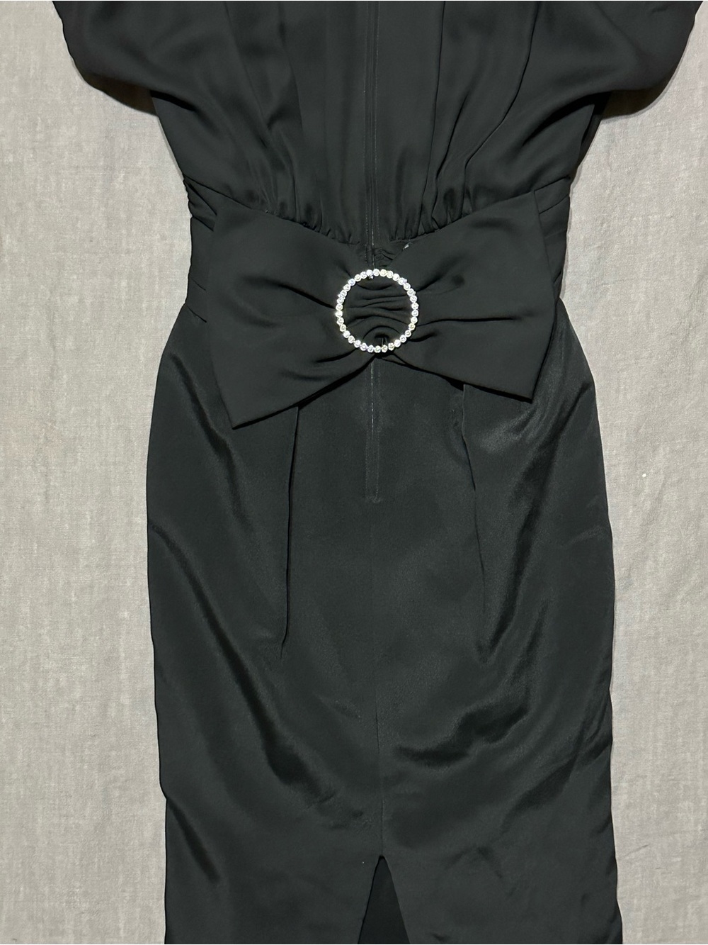 Black Ruched Front Mini Dress with Rhinestone Buttons - Picture 5 of 6